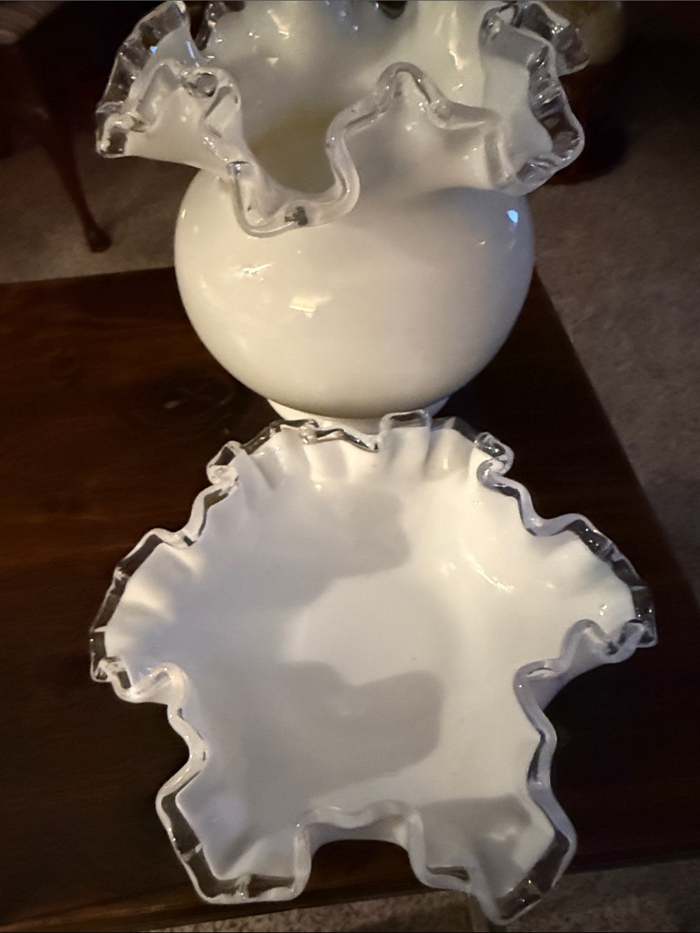 White Ruffled Glass Decorative Bowl & Vase by Fenton